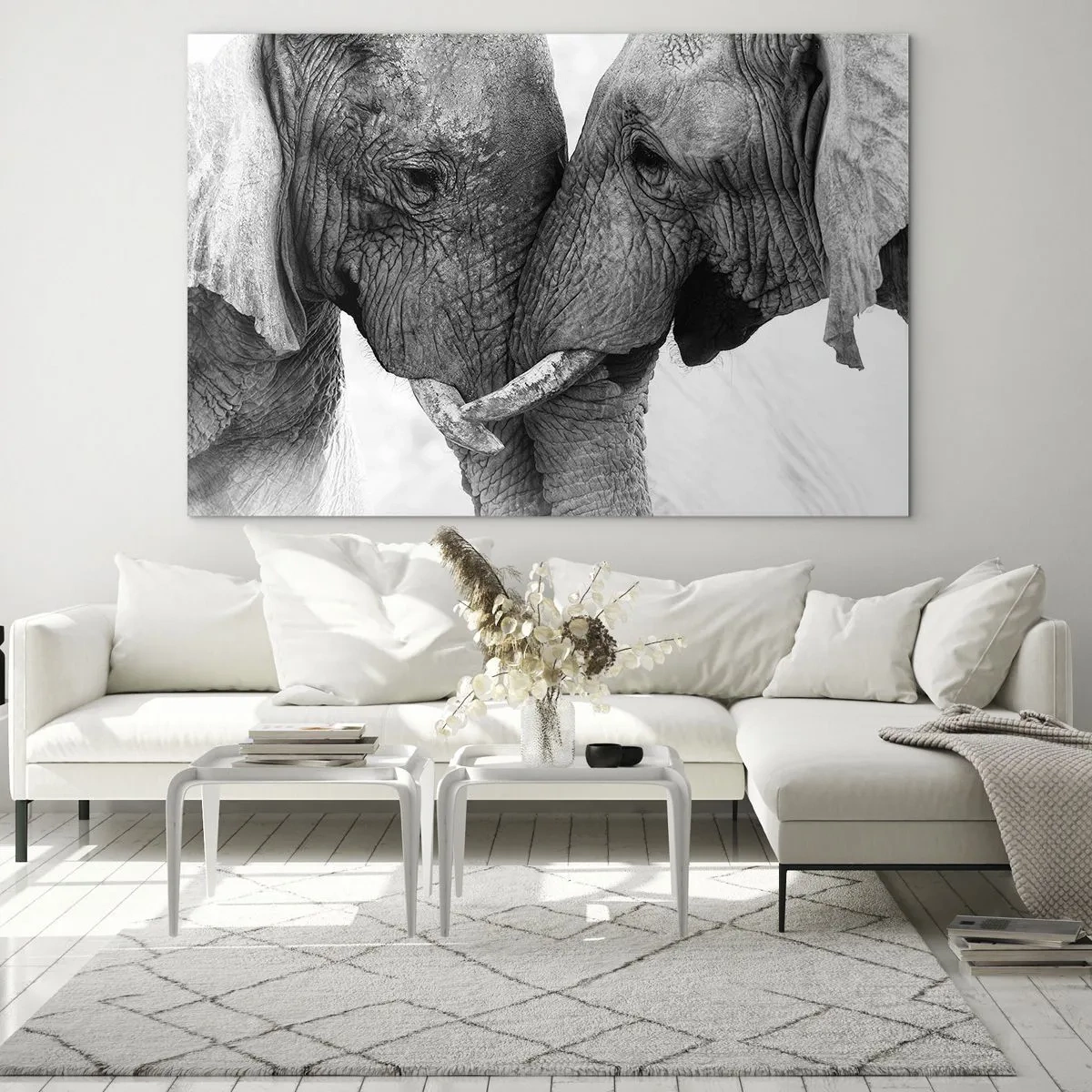 Quadro em vidro - Dois elefantes tocando as testas em preto e branco - 70x50cm - Confissão sincera - Decoração de parede moderna para a sala de estar e quarto ARTTOR