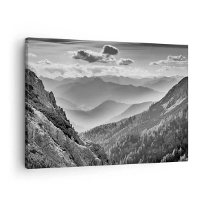Quadro em tela - Paisagem montanhosa em preto e branco com nuvens sobre os picos - 70x50cm - Até ao horizonte - Decoração de parede moderna para a sala de estar e quarto ARTTOR