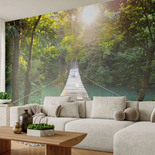 Papel de Parede Autocolante Deluxe Sticker - Da água azul para a floresta azul - Paisagem, Selva, Ponte de madeira - 250x175 cm