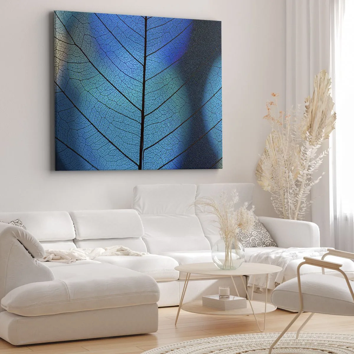 Quadro em tela - Close-up de uma folha azul com detalhes de nervuras visíveis - 70x50cm - Construção complexa - Decoração de parede moderna para a sala de estar e quarto ARTTOR