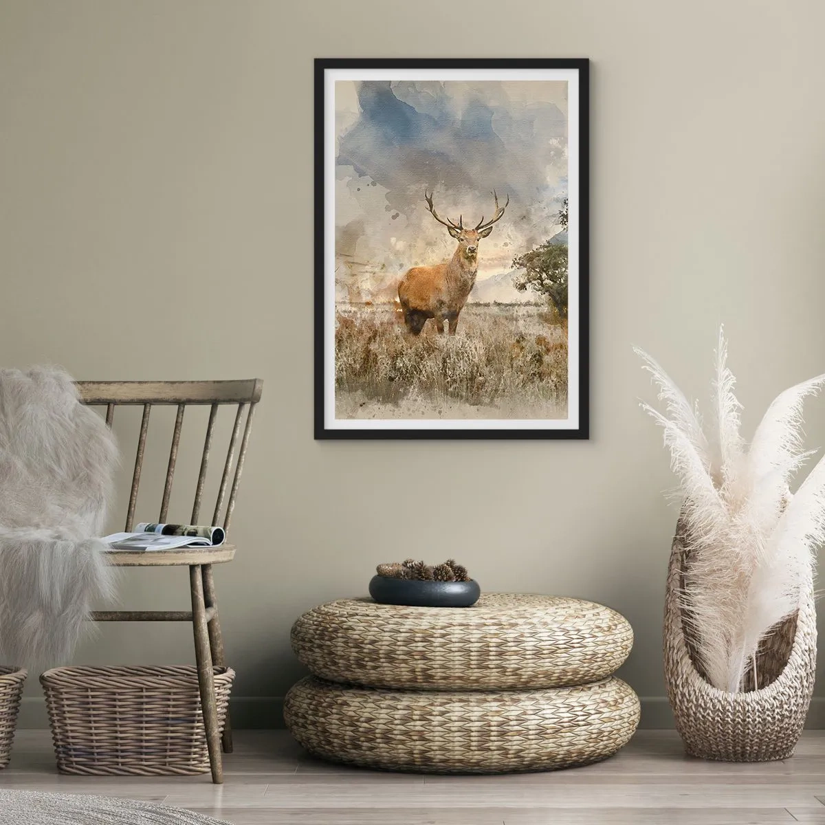 Pôster com moldura preta - Veado contra um fundo natural em estilo pictórico - 50x70cm - Dignidade - força - dignidade - Decoração de parede moderna para a sala de estar e quarto ARTTOR