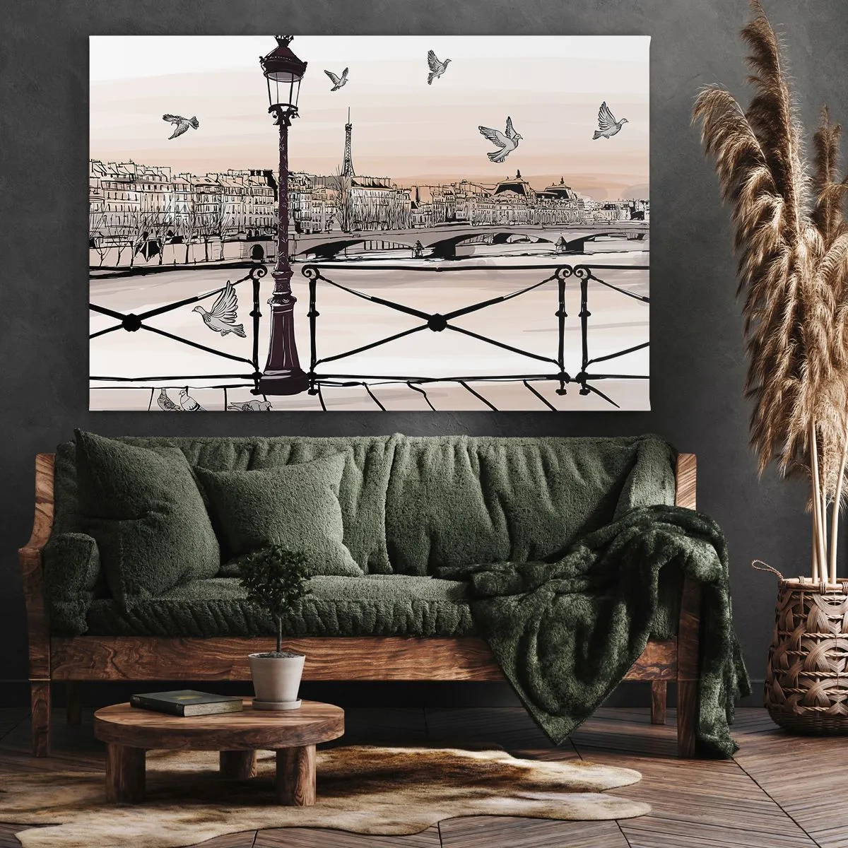 Quadro em tela - Vista parisiense com uma lanterna e uma ponte - 70x50cm - Sobre os telhados de Paris - Decoração de parede moderna para a sala de estar e quarto ARTTOR
