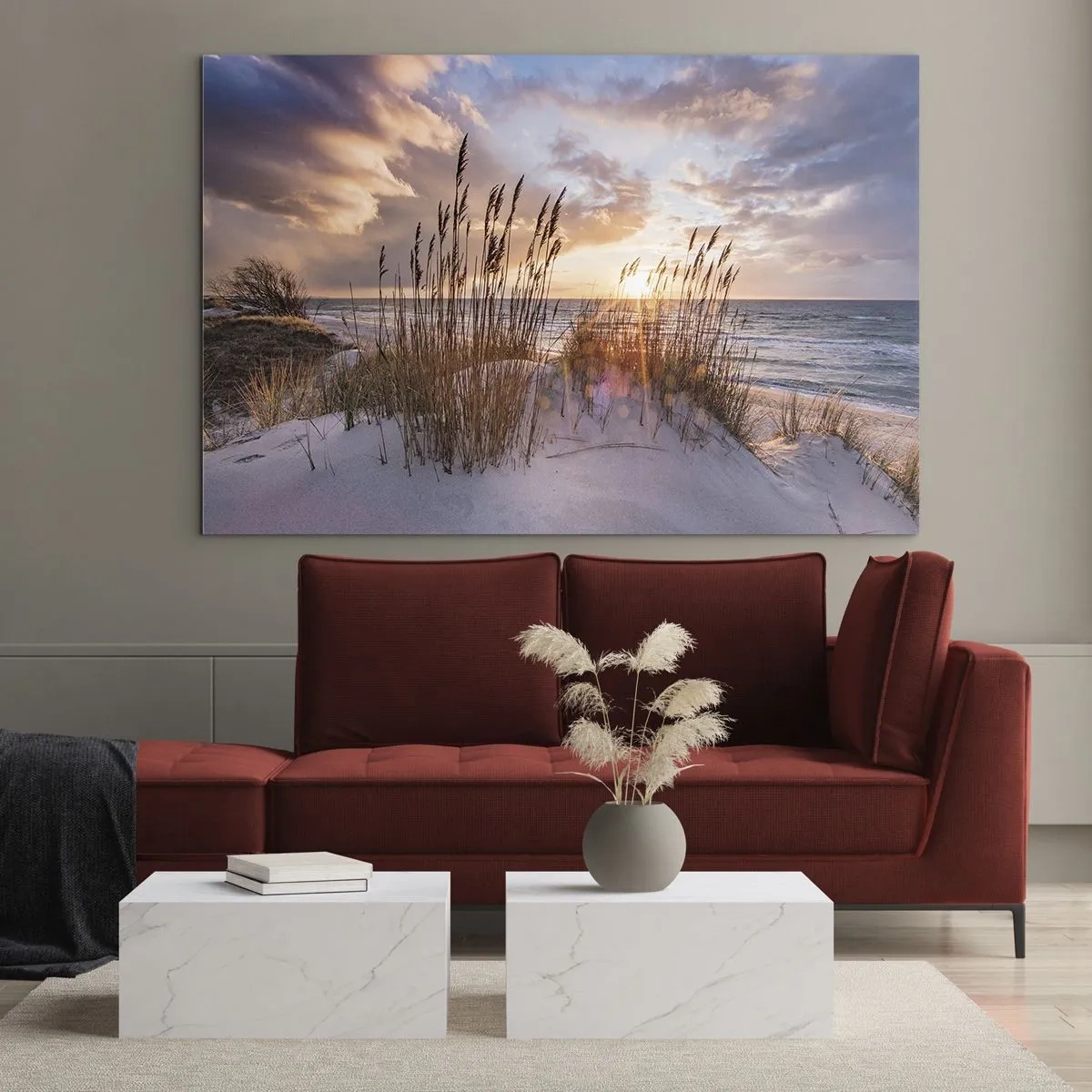 Quadro em vidro - Pôr do sol sobre o mar visto através das ervas da praia - 70x50cm - Adeus ao sol e ao vento - Decoração de parede moderna para a sala de estar e quarto ARTTOR