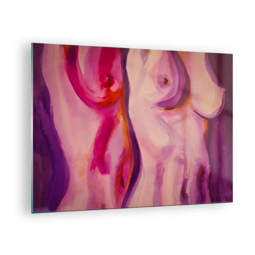 Quadro em vidro - Uma interpretação artística de silhuetas femininas em tons de rosa e roxo. - 70x50cm - Ode à Feminilidade - Decoração de parede moderna para a sala de estar e quarto ARTTOR