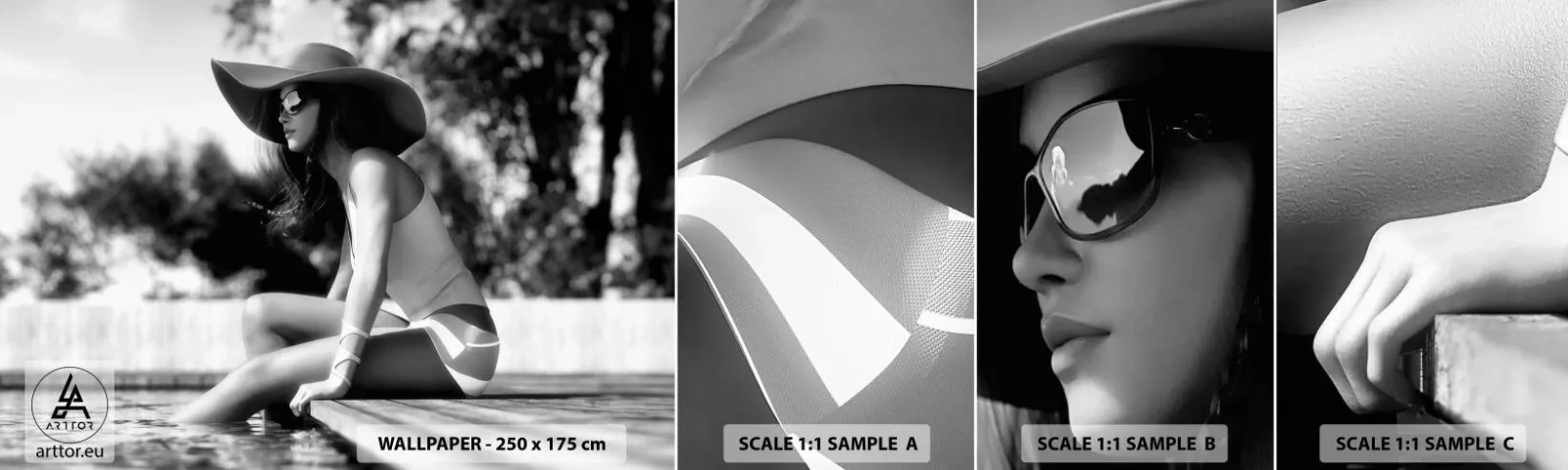 Amostra de Papel de Parede Standard Eco - Sonho de verão - Mulher, Chapéu, Piscina - 100x30 cm