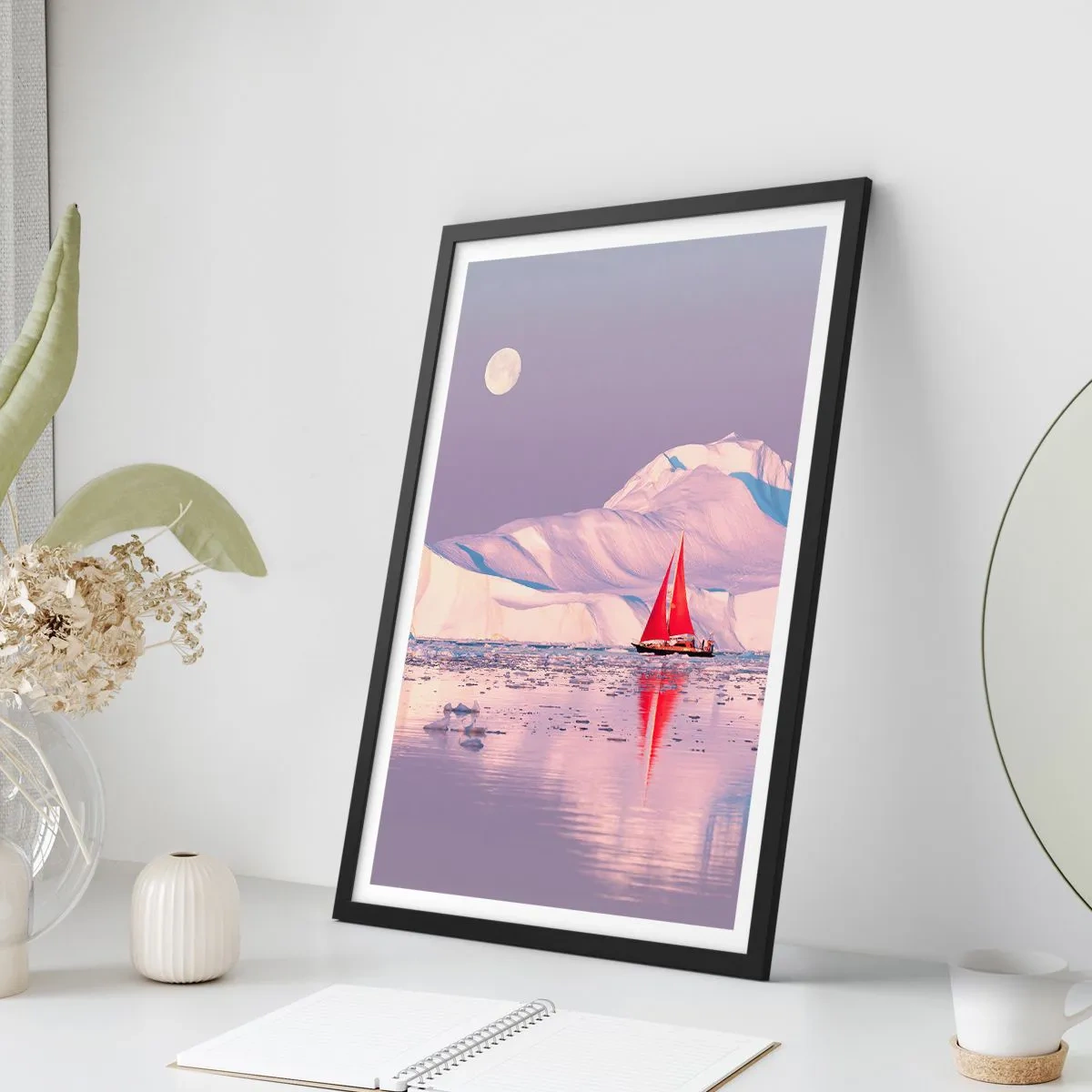 Pôster com moldura preta - Uma vela vermelha contra um fundo de icebergs sob a lua cheia - 50x70cm - O calor da vela, a frieza do gelo - Decoração de parede moderna para a sala de estar e quarto ARTTOR