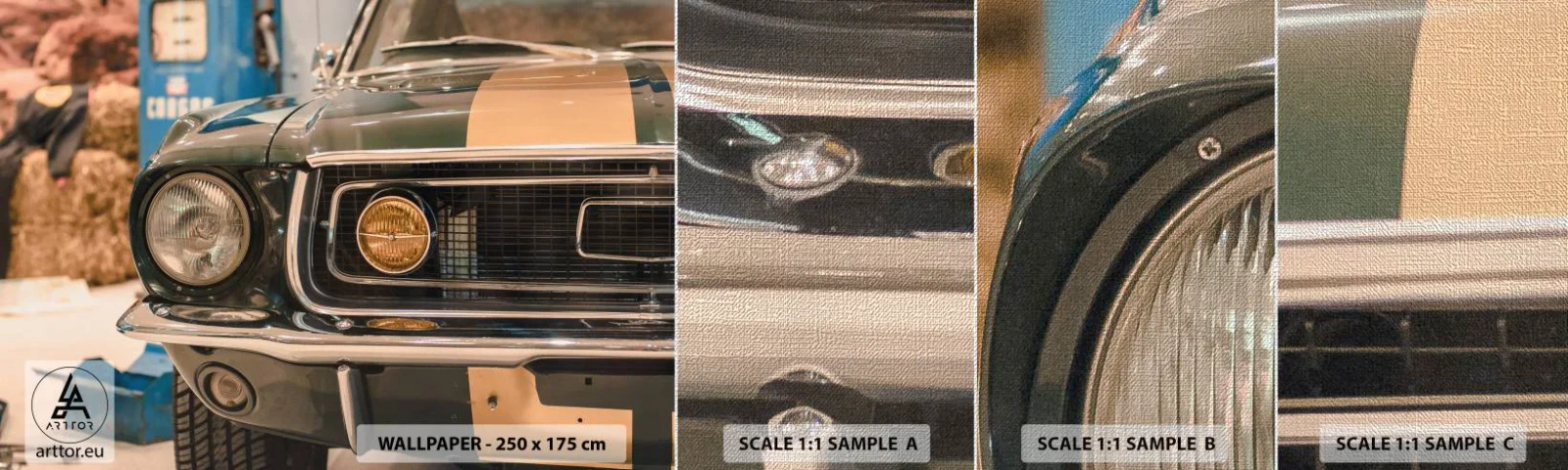 Amostra de papel de parede Premium Canvas - Encontro com uma lenda - Carro, Automotivo, Moda antiga - 100x30 cm