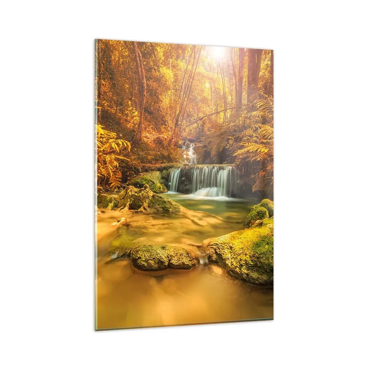 Quadro em vidro - Cascata na floresta em ouro - 80x120 cm