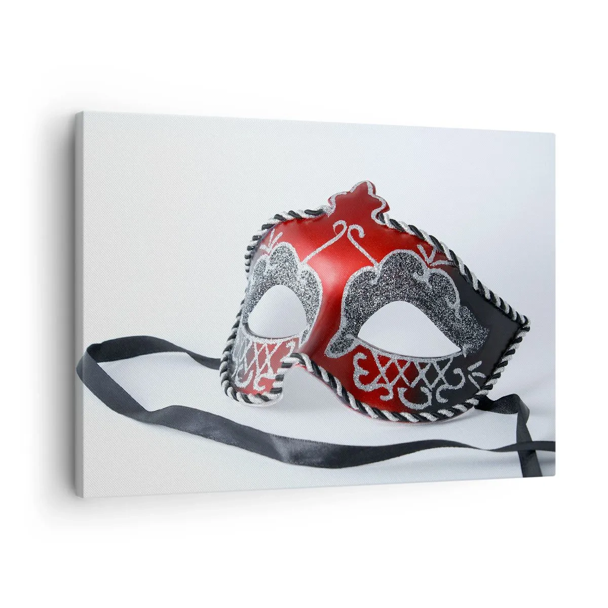 Quadro em tela - Máscara de carnaval vermelha em um fundo claro - 70x50cm - Convite para o baile - Decoração de parede moderna para a sala de estar e quarto ARTTOR