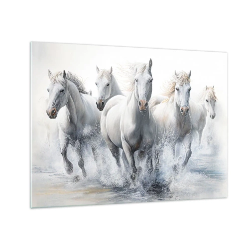 Quadro em vidro - Cavalos brancos galopando pela água em uma composição dinâmica - 70x50cm - Magia branca - Decoração de parede moderna para a sala de estar e quarto ARTTOR