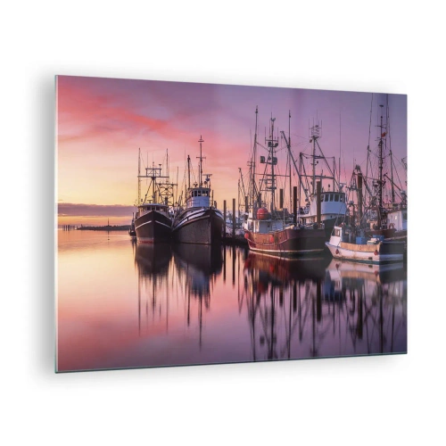 Quadro em vidro - Barcos de pesca ao pôr do sol em um porto tranquilo - 70x50cm - Antes do dia seguinte - Decoração de parede moderna para a sala de estar e quarto ARTTOR