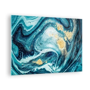 Quadro em vidro - Redemoinhos abstratos em tons de turquesa e dourado - 70x50cm - Redemoinho azul - Decoração de parede moderna para a sala de estar e quarto ARTTOR
