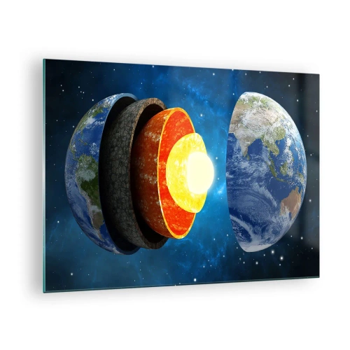 Quadro em vidro - Um corte transversal da Terra mostrando suas camadas contra o pano de fundo do espaço. - 70x50cm - Viagem ao centro da Terra - Decoração de parede moderna para a sala de estar e quarto ARTTOR