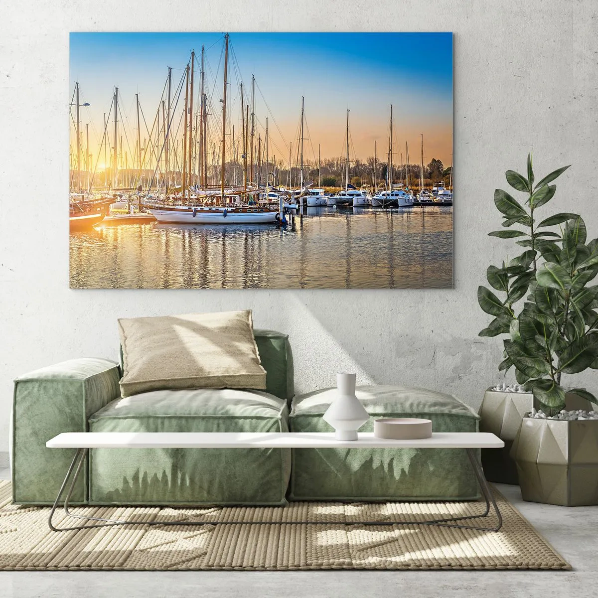 Quadro em vidro - Uma marina cheia de veleiros à luz do pôr do sol - 70x50cm - O vento também deve dormir - Decoração de parede moderna para a sala de estar e quarto ARTTOR