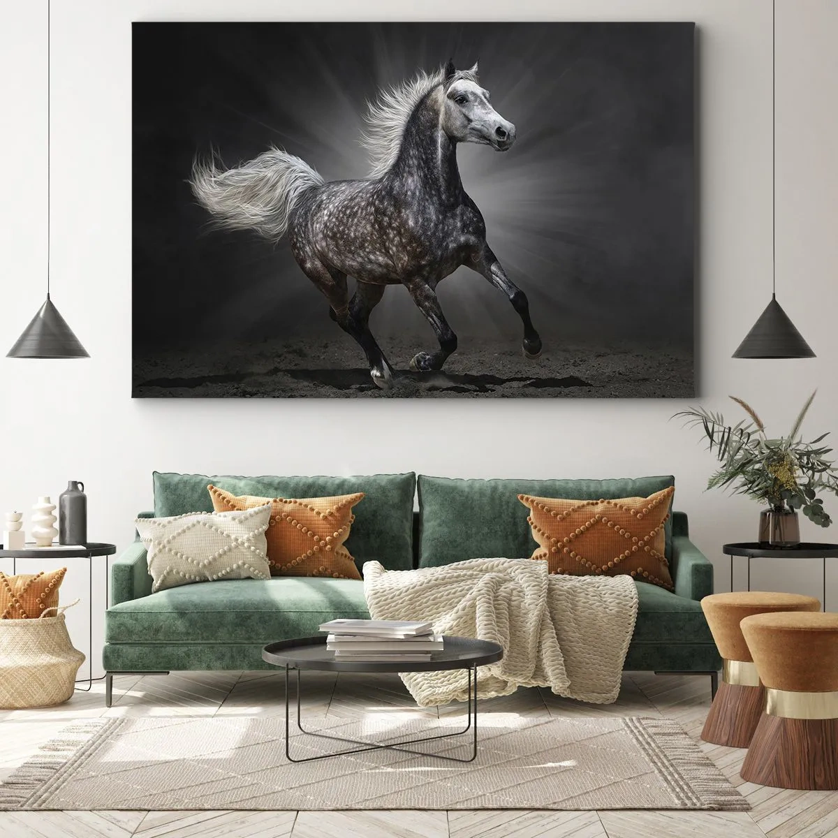 Quadro em tela - Um cavalo branco galopando contra um fundo escuro - 70x50cm - O cinza é lindo - Decoração de parede moderna para a sala de estar e quarto ARTTOR