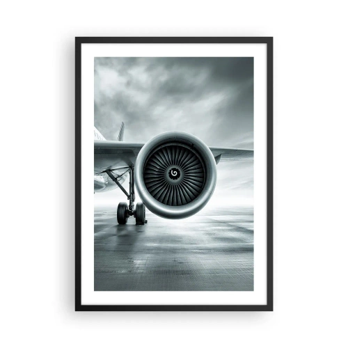 Pôster com moldura preta - Um motor a jato de avião em tons monocromáticos - 50x70cm - Há poder! - Decoração de parede moderna para a sala de estar e quarto ARTTOR