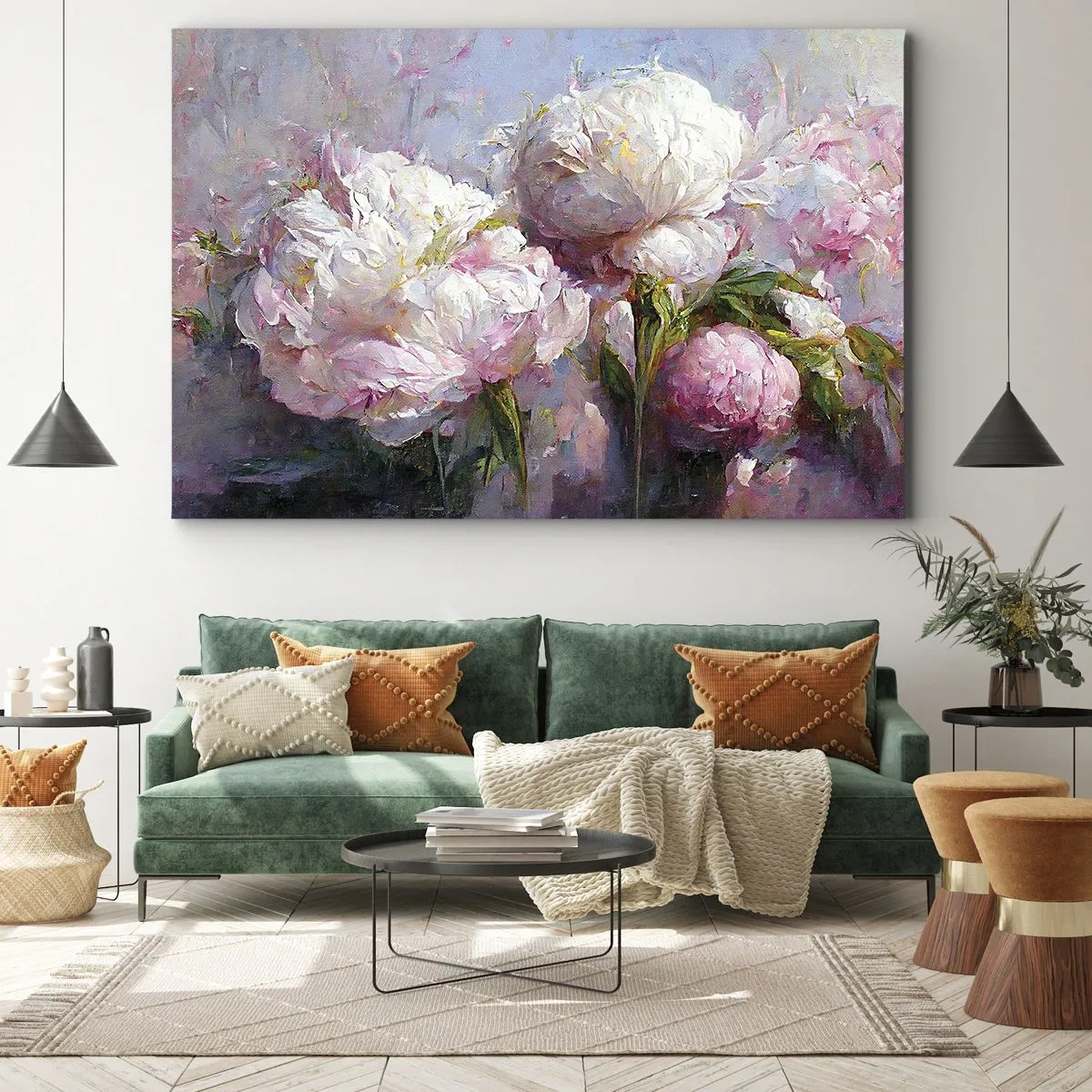 Quadro em tela - Flores românticas de peônia em tons pastéis - 70x50cm - Um buquê cheio de vida - Decoração de parede moderna para a sala de estar e quarto ARTTOR