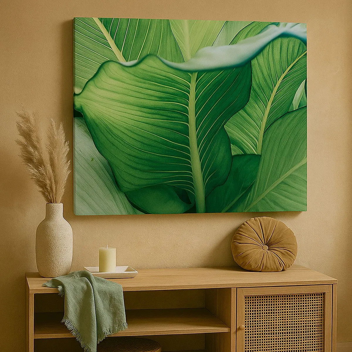 Quadro em tela - Folhas verdes com detalhes expressivos e estrutura - 70x50cm - Vida intensamente verde - Decoração de parede moderna para a sala de estar e quarto ARTTOR