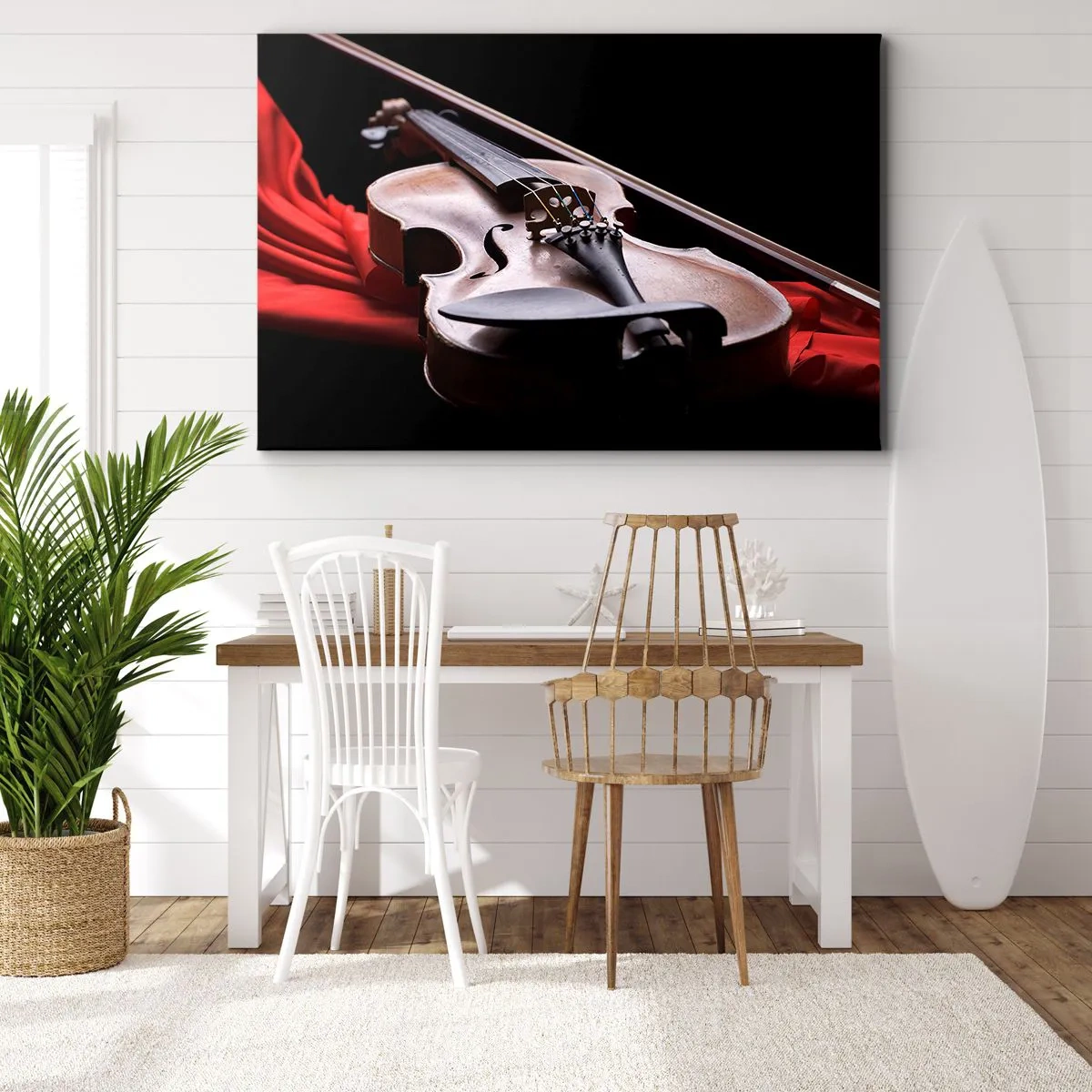 Quadro em tela - Violino sobre tecido vermelho com fundo preto - 70x50cm - Música de sentimentos - Decoração de parede moderna para a sala de estar e quarto ARTTOR