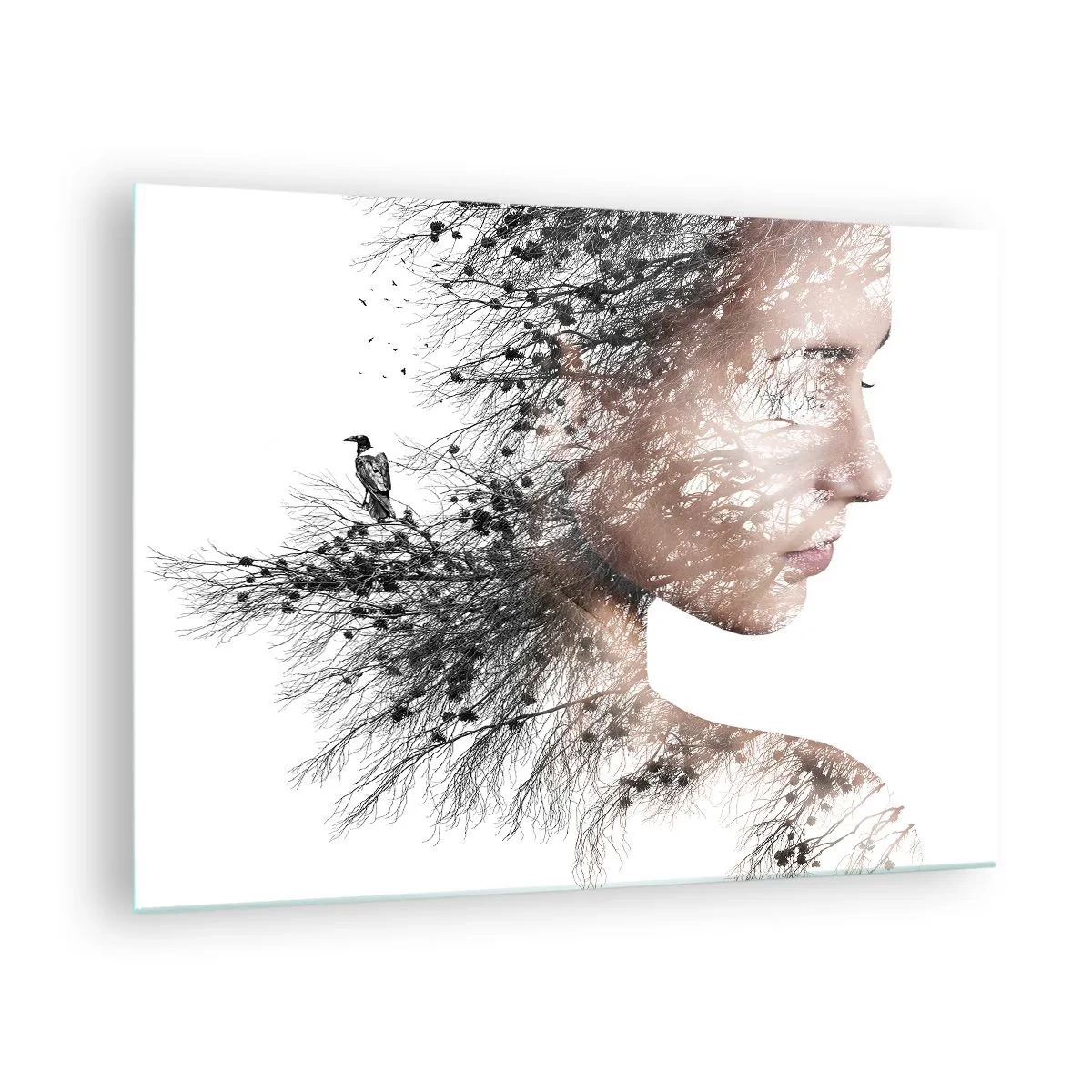 Quadro em vidro - Retrato de uma mulher com galhos ao fundo - 70x50cm - Espírito da floresta - Decoração de parede moderna para a sala de estar e quarto ARTTOR