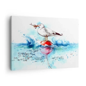 Quadro em tela - Gaivota em uma bóia com peixes ao fundo em estilo aquarela - 70x50cm - Pesca bem sucedida - Decoração de parede moderna para a sala de estar e quarto ARTTOR