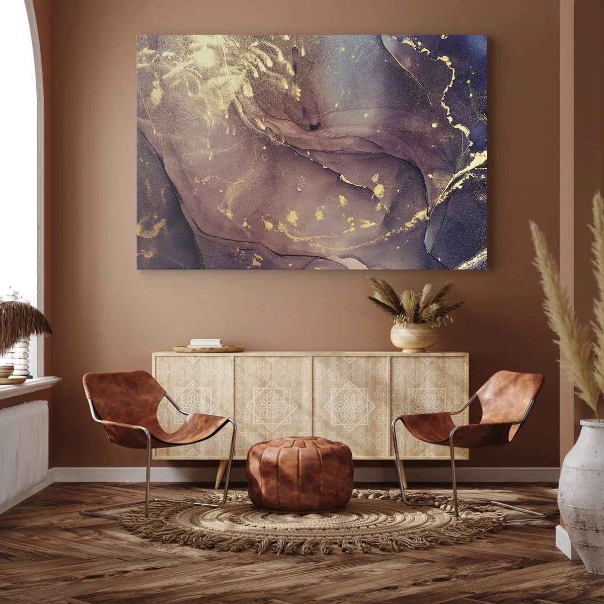 Quadro em tela - Composição abstrata com tons de dourado e roxo - 70x50cm - Matéria e espírito - Decoração de parede moderna para a sala de estar e quarto ARTTOR