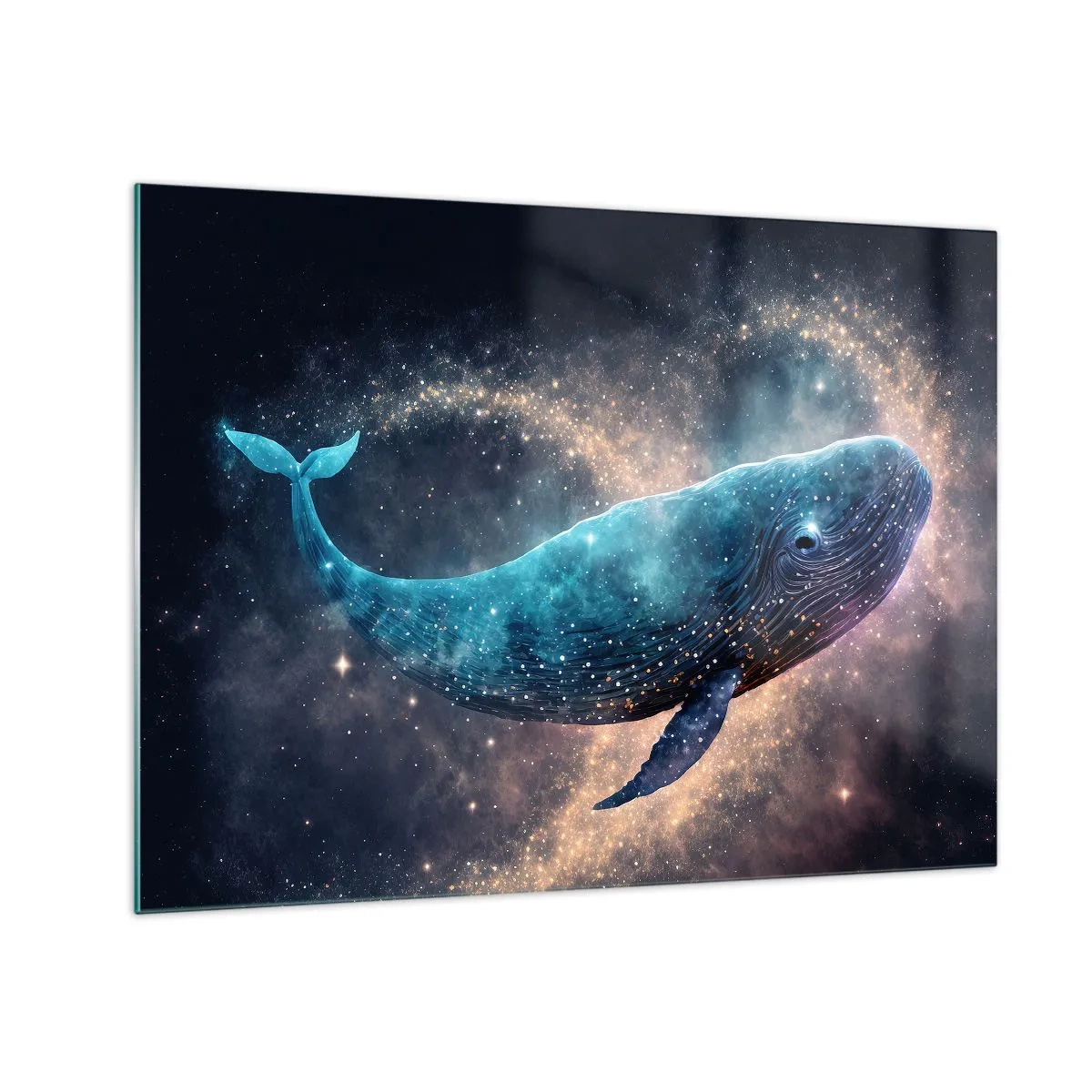 Quadro em vidro - Baleia azul flutuando na galáxia - 70x50cm - Existe um mundo assim… - Decoração de parede moderna para a sala de estar e quarto ARTTOR