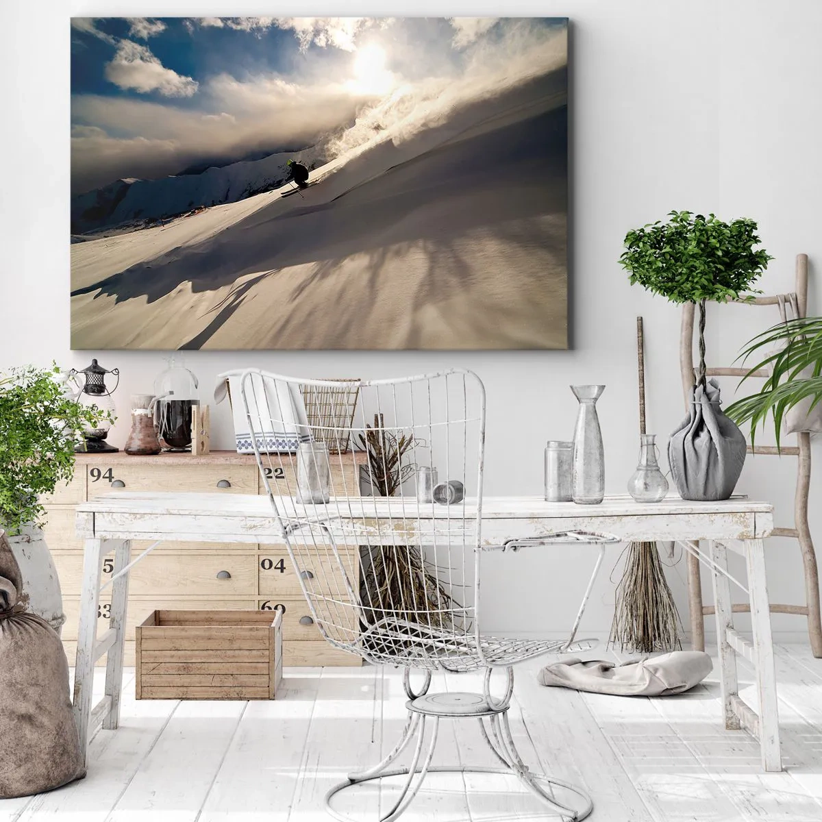 Quadro em tela - Um esquiador em uma encosta cercada por montanhas e neve - 70x50cm - O desafio das montanhas - Decoração de parede moderna para a sala de estar e quarto ARTTOR