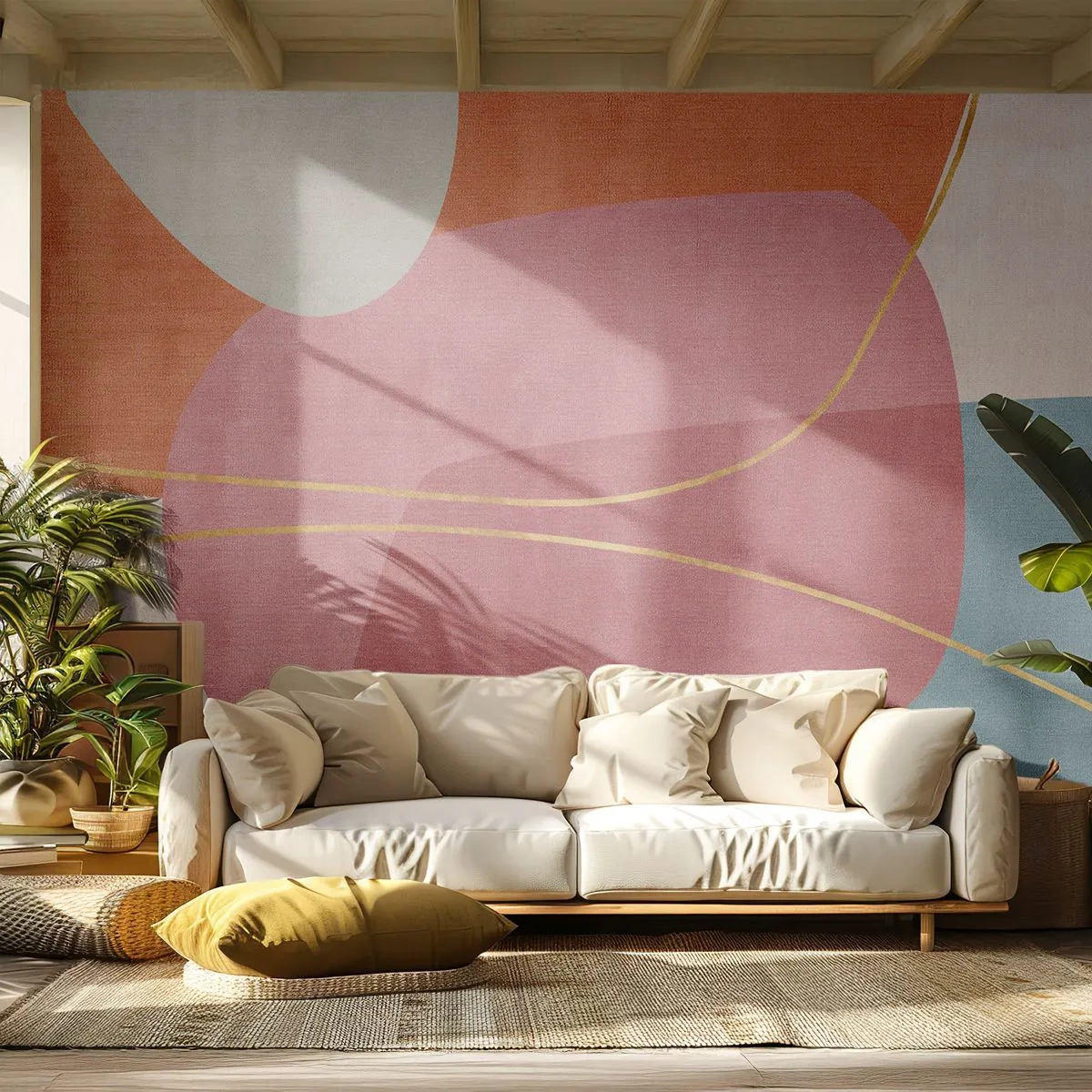 Papel de Parede Premium Sand - Composição pastel com fio dourado - Abstração, Minimalismo, Formas - 400x280 cm