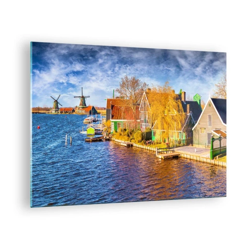 Quadro em vidro - Casas pitorescas à beira-mar na Holanda com moinhos de vento - 70x50cm - Inalterada durante séculos - Decoração de parede moderna para a sala de estar e quarto ARTTOR