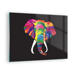 Quadro em vidro - Um elefante colorido em um fundo preto em um estilo artístico - 70x50cm - O elefante que adorava banhar-se no arco-íris - Decoração de parede moderna para a sala de estar e quarto ARTTOR