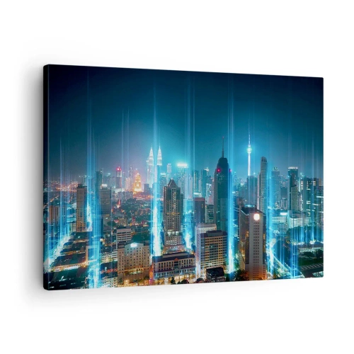 Quadro em tela - Uma cidade moderna à noite com detalhes de iluminação futuristas. - 70x50cm - De Berlim para o céu - Decoração de parede moderna para a sala de estar e quarto ARTTOR