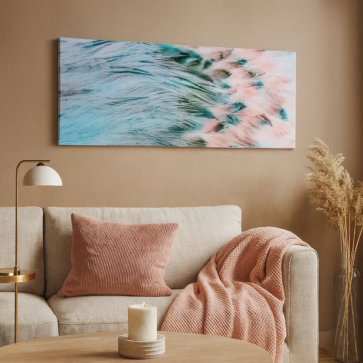 Quadro em tela - Penugem safira-rosa - 100x40 cm