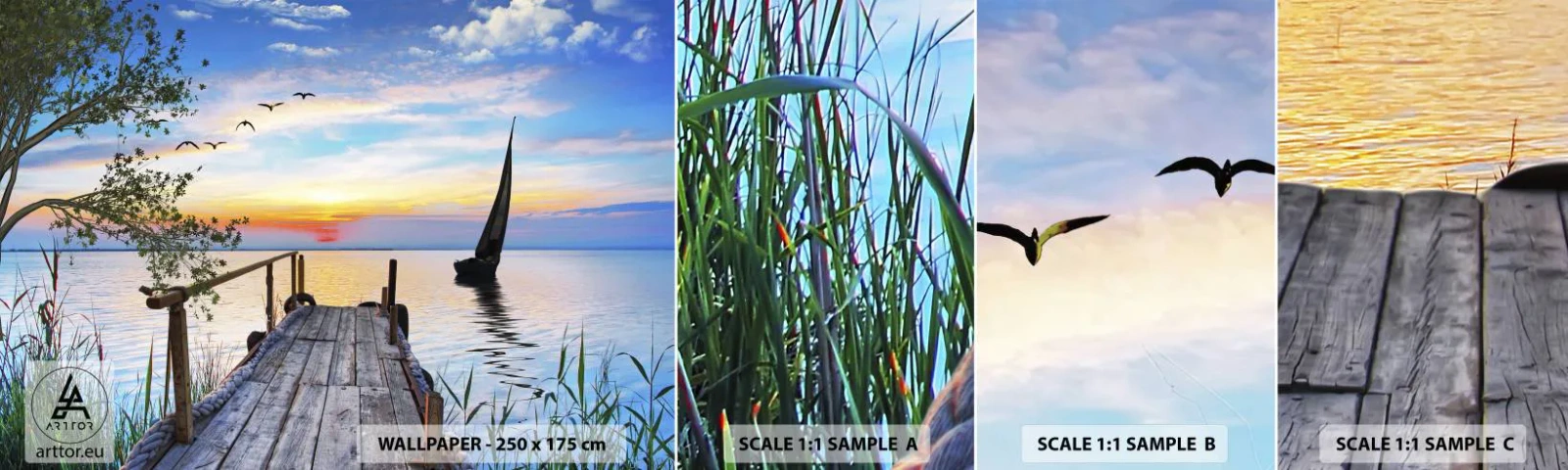 Amostra de papel de parede autocolante Deluxe Sticker - Boa noite - Paisagem, Lago, Ponte de madeira - 100x30 cm