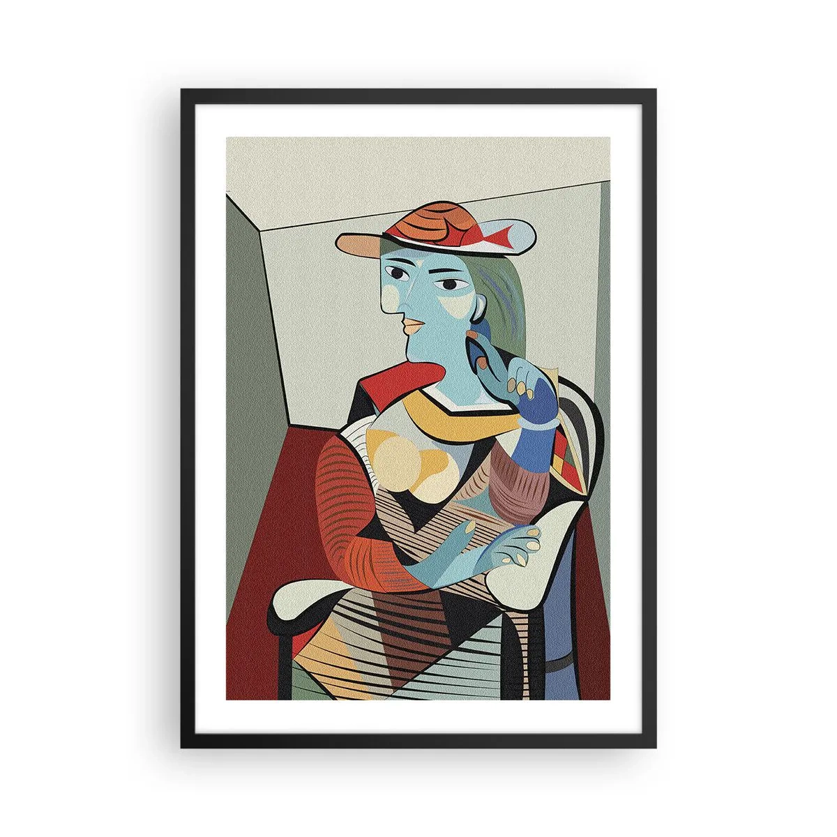 Pôster com moldura preta - Retrato cubista de uma mulher usando um chapéu - 50x70cm - Pelos olhos de Picasso - Decoração de parede moderna para a sala de estar e quarto ARTTOR