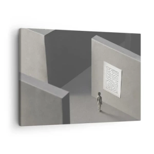 Quadro em tela - Uma figura em um labirinto olhando para um mapa pendurado - 70x50cm - Mas onde estou? - Decoração de parede moderna para a sala de estar e quarto ARTTOR