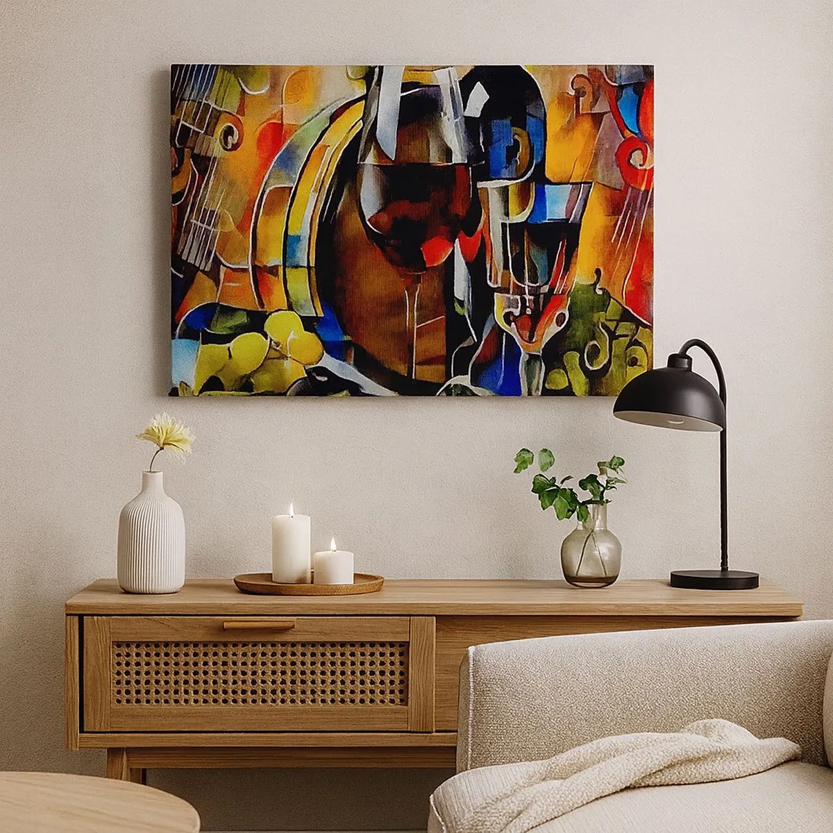 Quadro em tela - Natureza morta abstrata com óculos e instrumentos - 70x50cm - E o mundo ganha cor - Decoração de parede moderna para a sala de estar e quarto ARTTOR