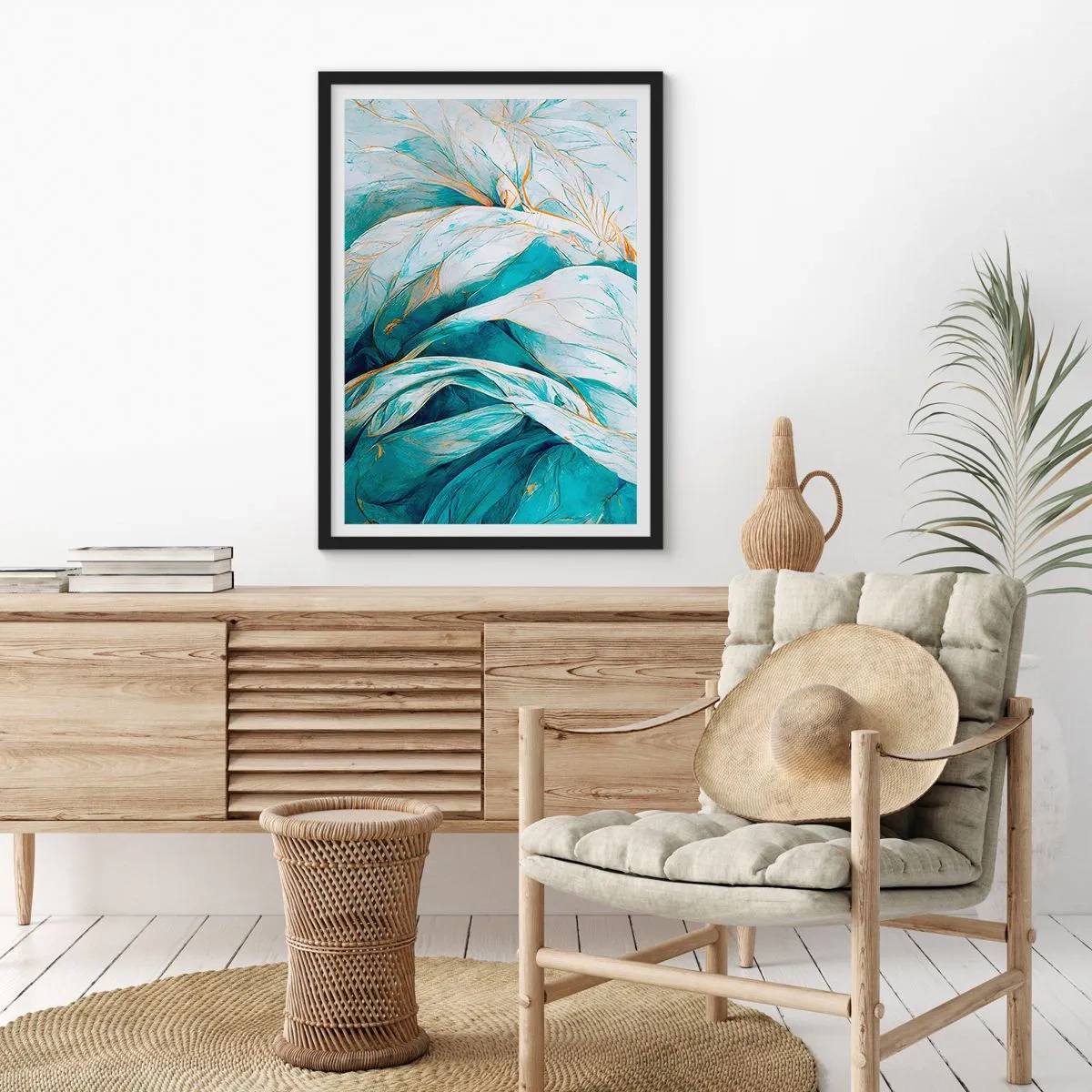 Pôster com moldura preta - Abstração azul com lema dourado - 70x100 cm