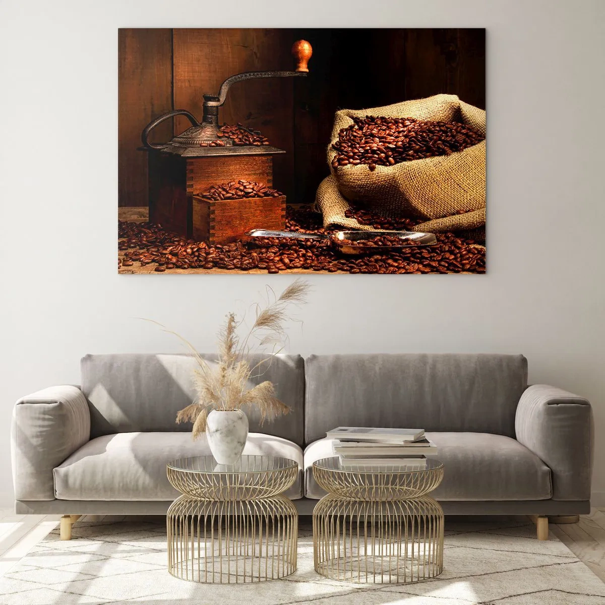Quadro em vidro - Um velho moedor de café com grãos e um saco de café - 70x50cm - Natureza morta com grãos de café e moedor - Decoração de parede moderna para a sala de estar e quarto ARTTOR
