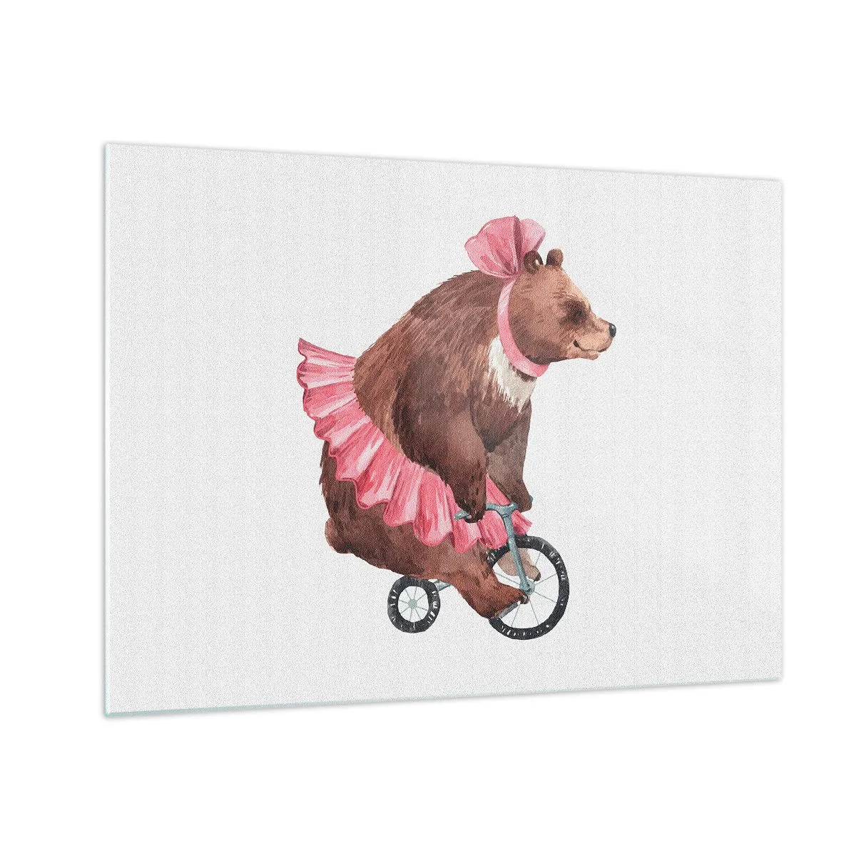 Quadro em vidro - Um urso de saia rosa em um monociclo - 70x50cm - Que circo! - Decoração de parede moderna para a sala de estar e quarto ARTTOR