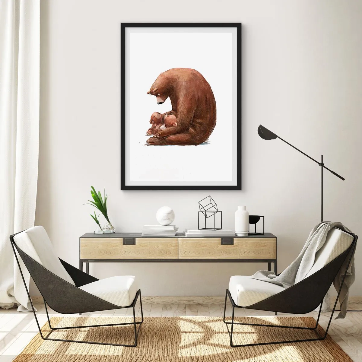 Pôster com moldura preta - Mamãe ursa abraçando dois ursinhos em um abraço sincero - 50x70cm - Doces sonhos, crianças - Decoração de parede moderna para a sala de estar e quarto ARTTOR