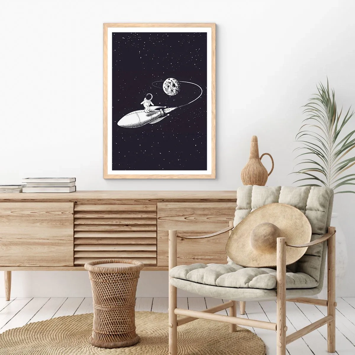 Pôster com moldura de carvalho claro - Surfista espacial - 50x70 cm