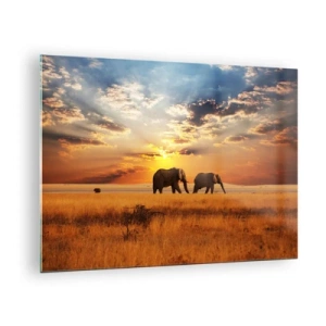 Quadro em vidro - Elefantes na savana africana ao pôr do sol - 70x50cm - Caminhada em família - Decoração de parede moderna para a sala de estar e quarto ARTTOR