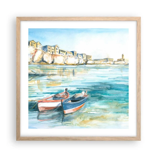 Pôster com moldura de carvalho claro - Paisagem em azul - 50x50 cm