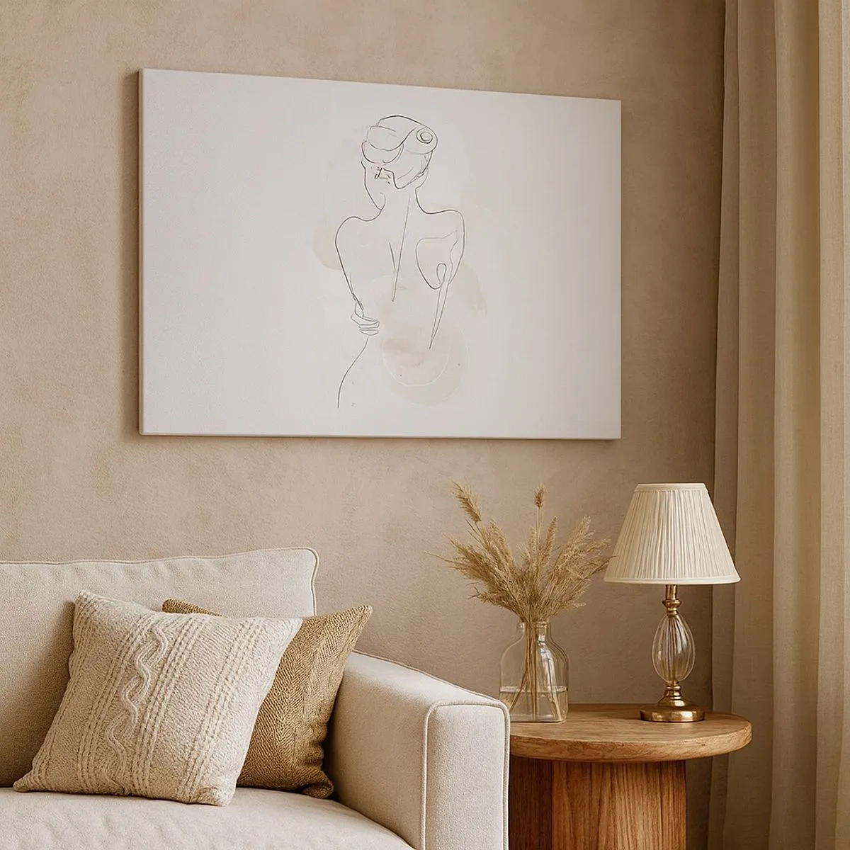 Quadro em tela - Um esboço minimalista de uma silhueta feminina contra um fundo claro. - 70x50cm - Como um instrumento sensível - Decoração de parede moderna para a sala de estar e quarto ARTTOR