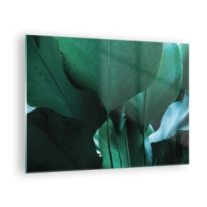 Quadro em vidro - Folhas tropicais em tons intensos de verde - 70x50cm - De frente para a luz - Decoração de parede moderna para a sala de estar e quarto ARTTOR