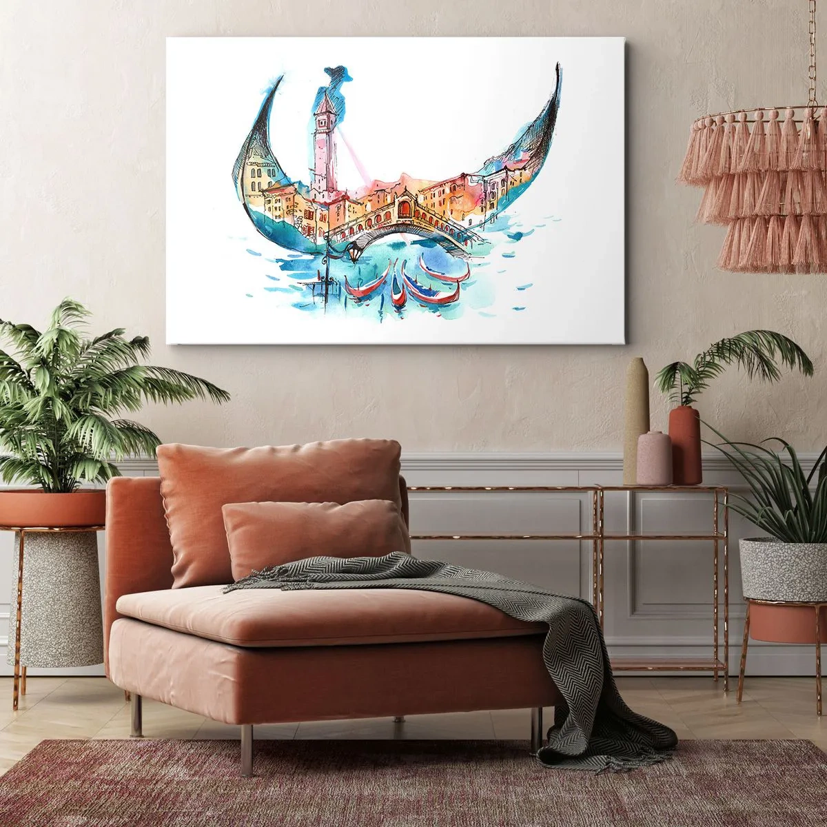 Quadro em tela - Uma composição em aquarela de Veneza em forma de gôndola - 70x50cm - Navegamos pela cidade - Decoração de parede moderna para a sala de estar e quarto ARTTOR