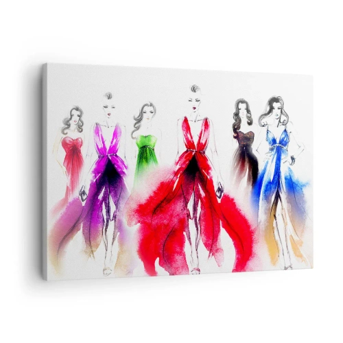 Quadro em tela - Ilustração de moda com modelos em vestidos coloridos - 70x50cm - Colorido desfile - Decoração de parede moderna para a sala de estar e quarto ARTTOR