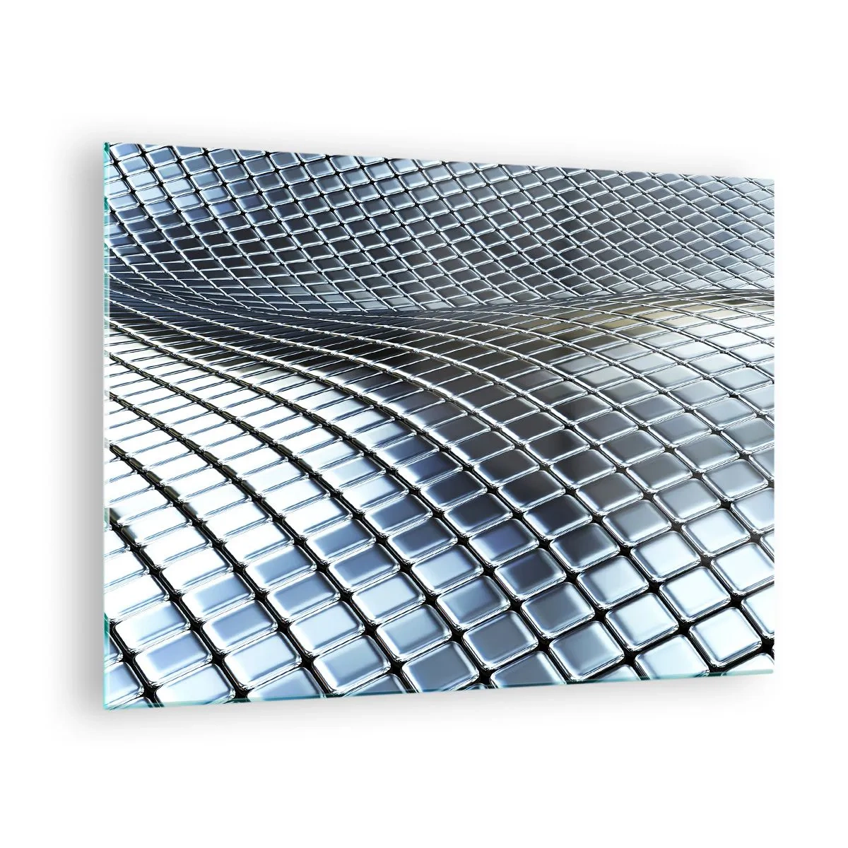 Quadro em vidro - Superfície abstrata com quadrados de metal brilhantes - 70x50cm - Onda de prata metálica - Decoração de parede moderna para a sala de estar e quarto ARTTOR