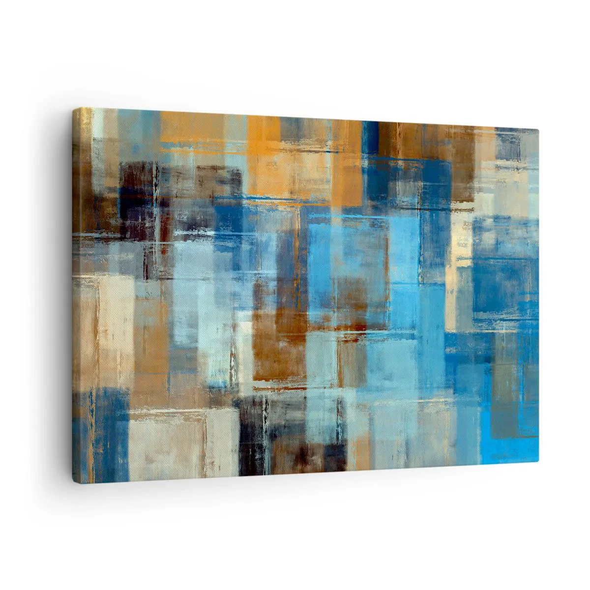 Quadro em tela - Composição geométrica abstrata em tons de azul e marrom - 70x50cm - Através da cortina azul - Decoração de parede moderna para a sala de estar e quarto ARTTOR